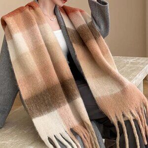 2/$30 Oversized Plaid Blanket Scarf Warm Soft Winter Shawl Wrap Brown Beige